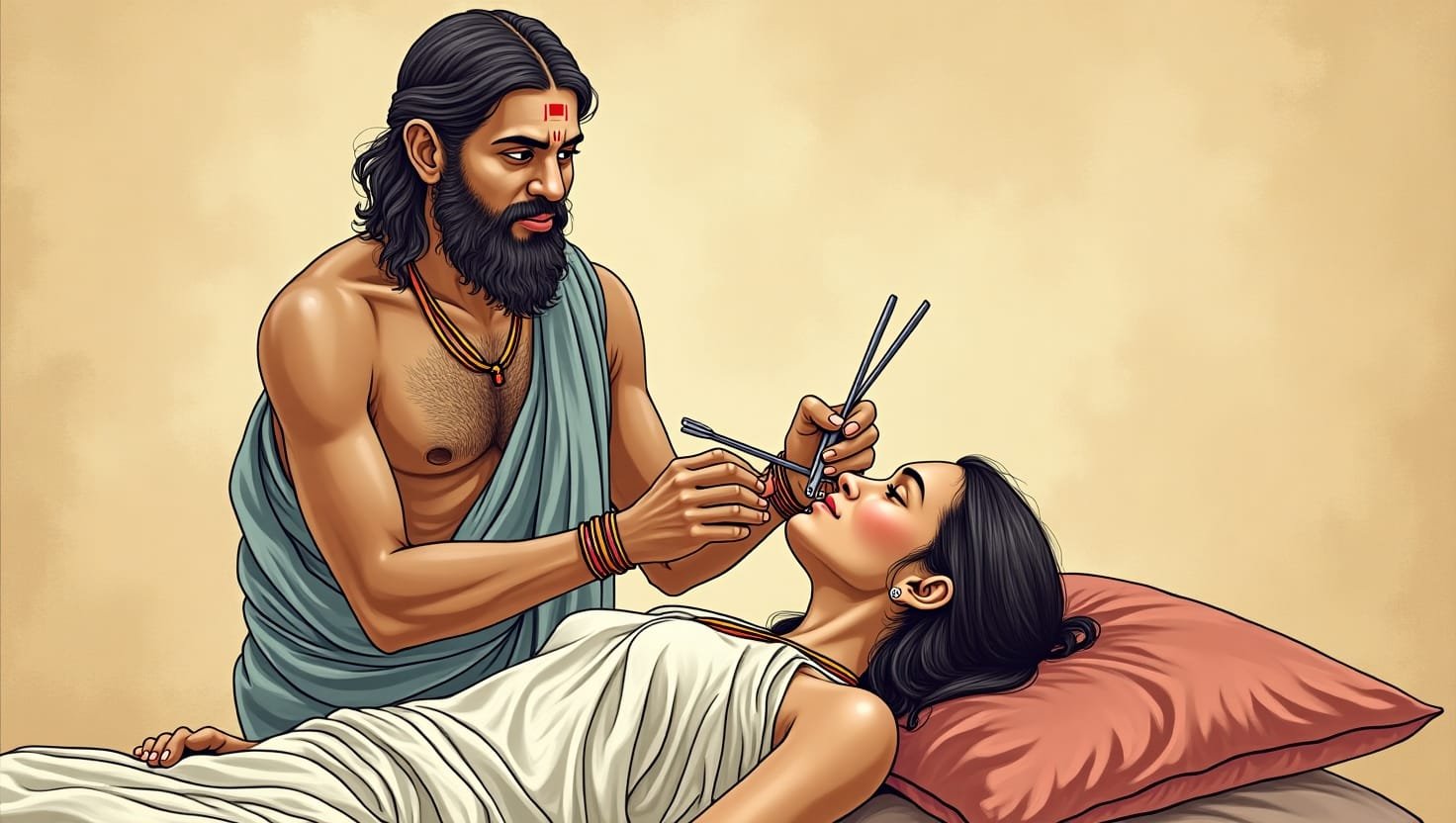Sushruta performing early rhinoplasty techniques