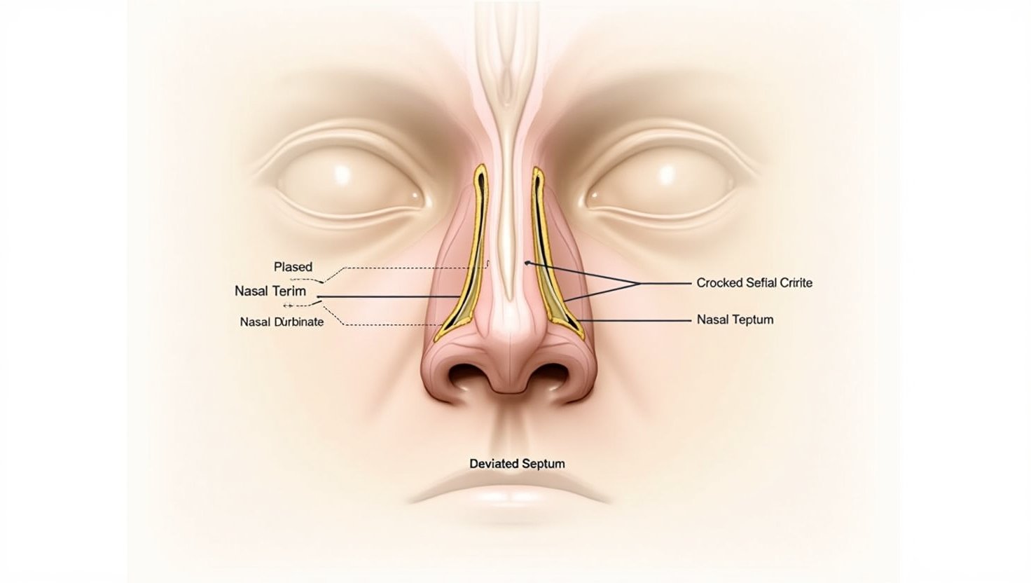 An anatomical illustration of a deviated septum, focusing on the nasal structures that are commonly affected, including the septum's position relative to the nasal passages.
