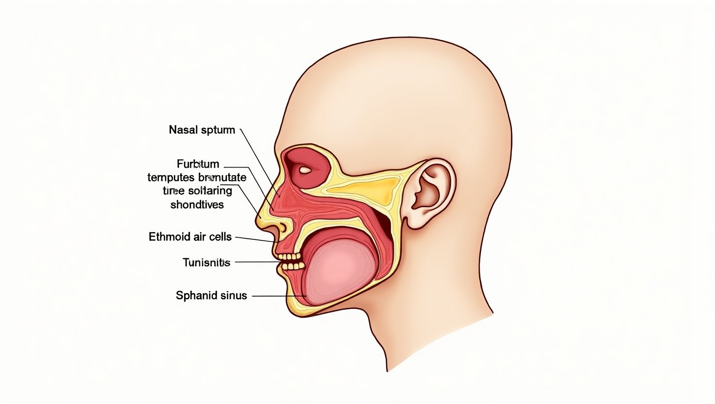An anatomical illustration of a deviated septum, focusing on the nasal structures that are commonly affected, including the septum's position relative to the nasal passages.