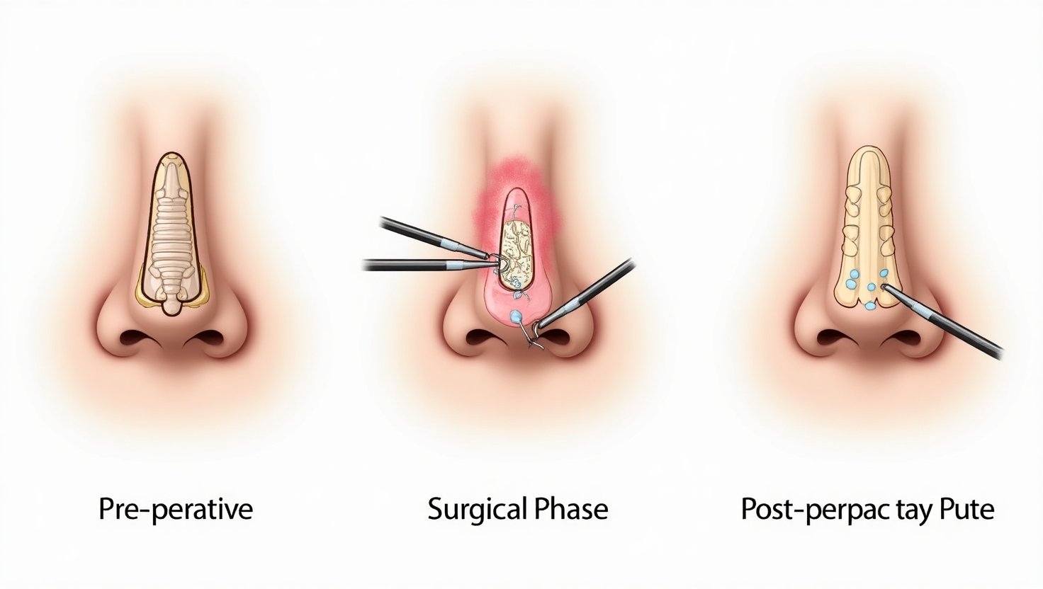 Anatomically accurate depiction of the rhinoplasty procedure stages
